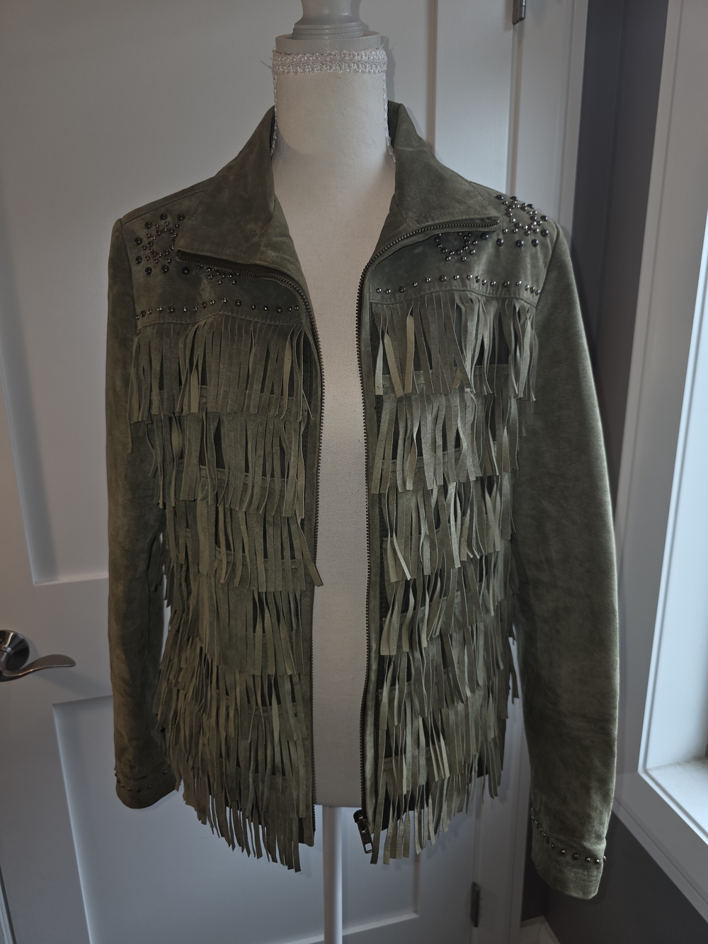 Scully Genuine Leather Fringe Jacket Olive Green Western Studded Size Large